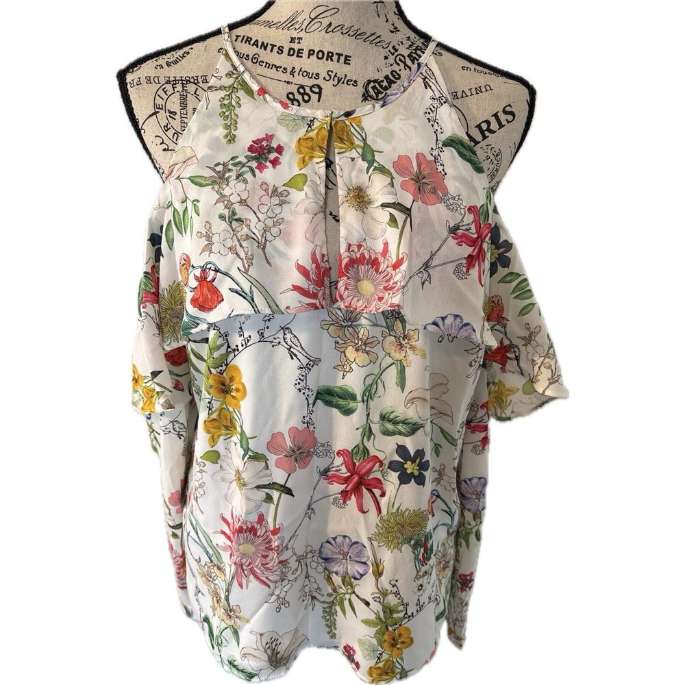 Parker Floral Ruffle Cold Shoulder Blouse Women Size M White Botanical Print